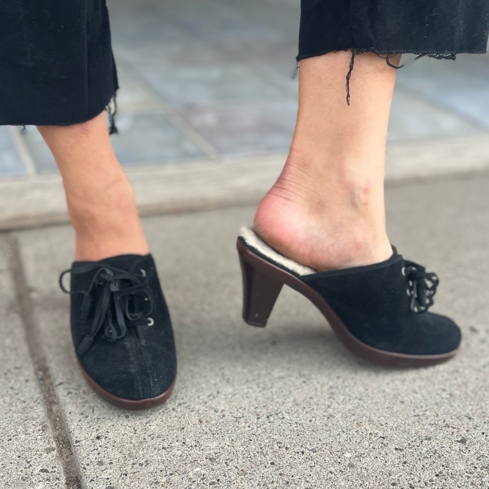 UGG Black Suede Mules with Chunky Heel and Decorative Laces 7.5B